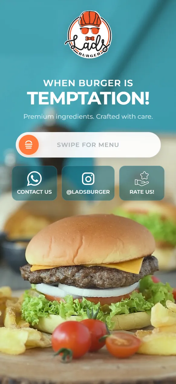 Lads Burger digital menu intro screen